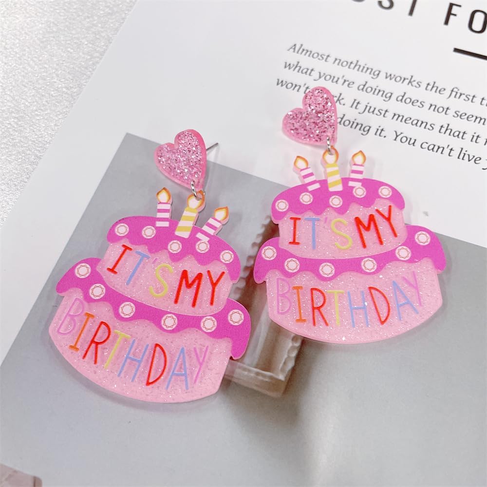 Cute Heart Birthday Cake Dangle Drop Earrings for Women Pink Glitter Acrylic It's My Birthday Letter Colorful Lightweight Statement Dangling Hanging Sweet Celebration Holiday Party Y2k Jewelry - Image 3