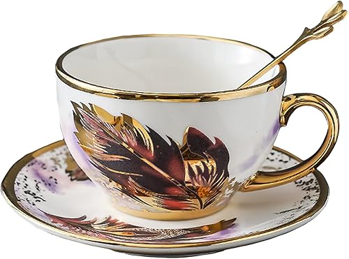 Jimiruigro Golden Handle - Juego de tazas de té de cerámica con diseño de plumas vintage con platillo y cuchara 774 onzas estilo 2