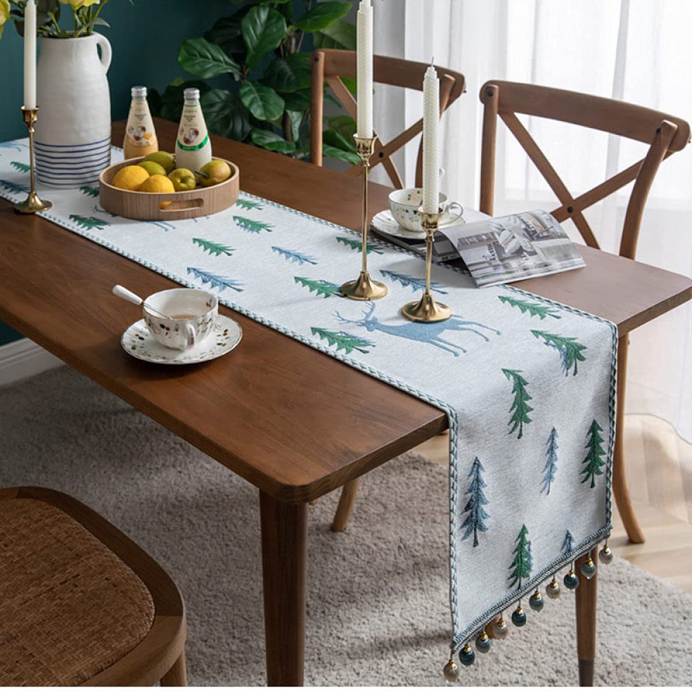 Camino Mesa,Camino De Mesa Azul Caminos De Mesa Navideños Fawn Print Tasselstablecloth para Sala De Estar Mesa De Comedor De Navidad Fiesta Decoración Navideña, 33X140Cm 4