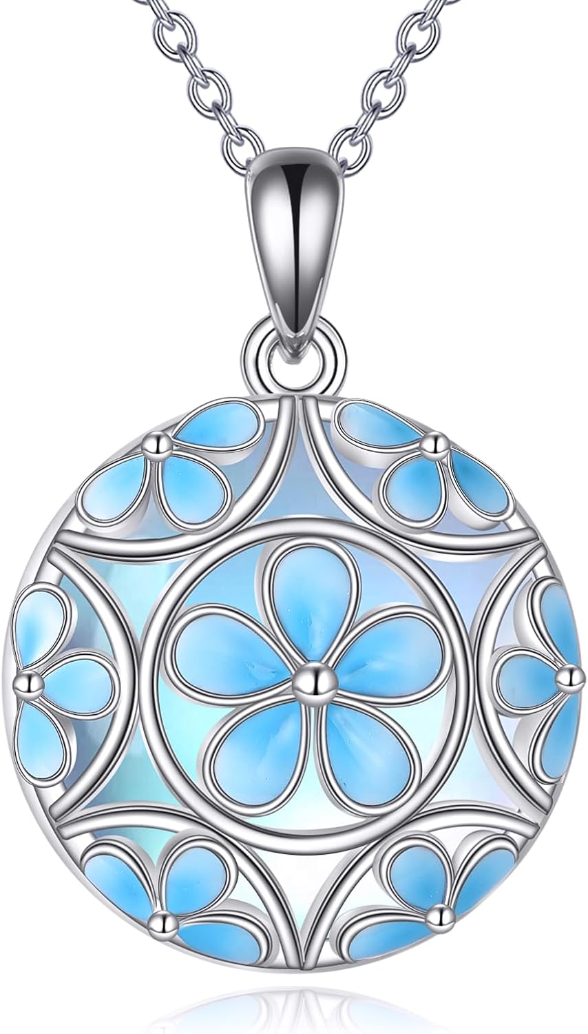 TIGER RIDER Forget-Me-Not Necklace Sterling Silver Blue Flower Pendant Moonstone Jewelry for Women Birthday