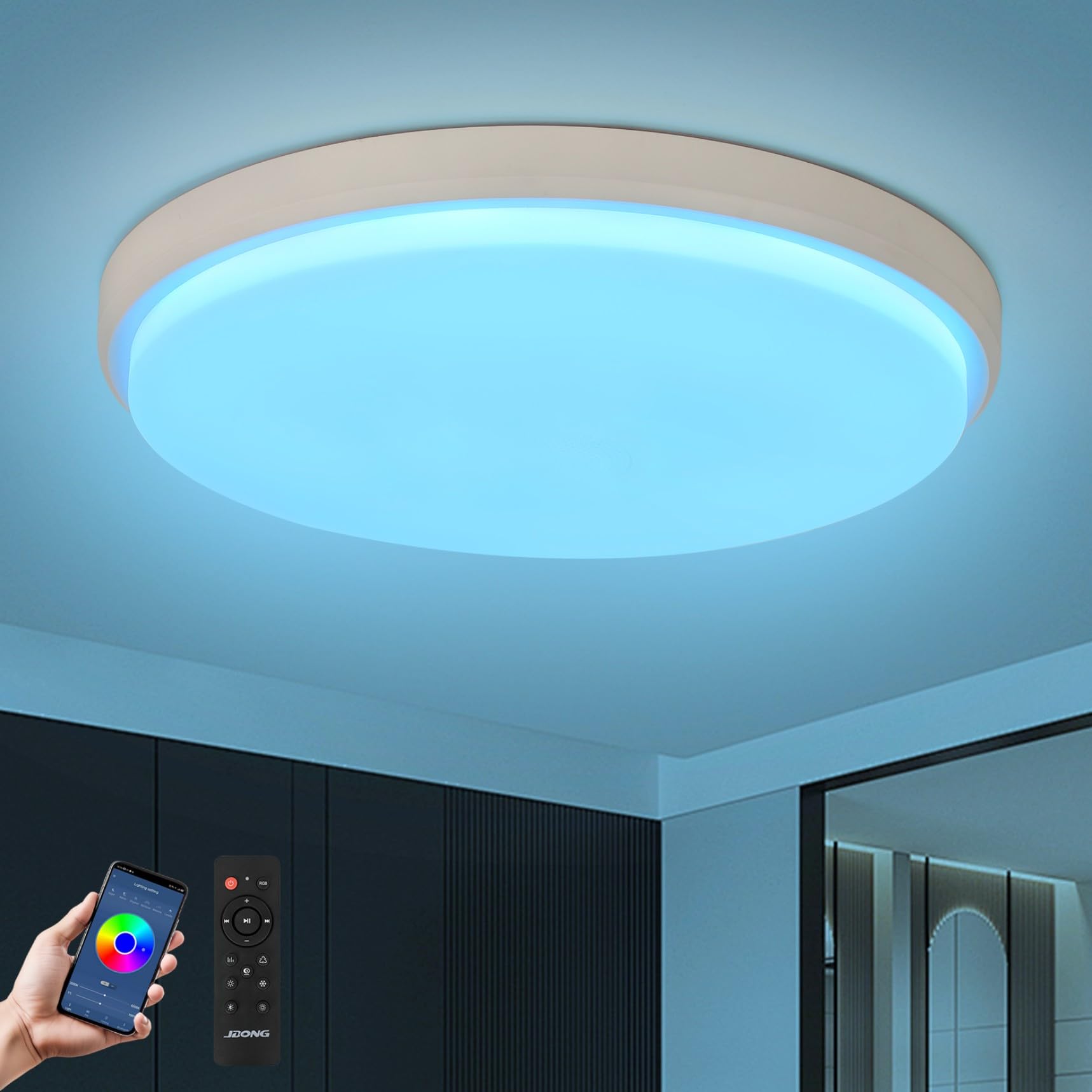 JDONG Plafoniera LED 24W Ø 30CM Cambia Colore Stellato Dimmerabile Bianco Caldo - Bianco Freddo 3000-6500 Kelvin Plafoniera RGB Compatibile con Amazon Alexa