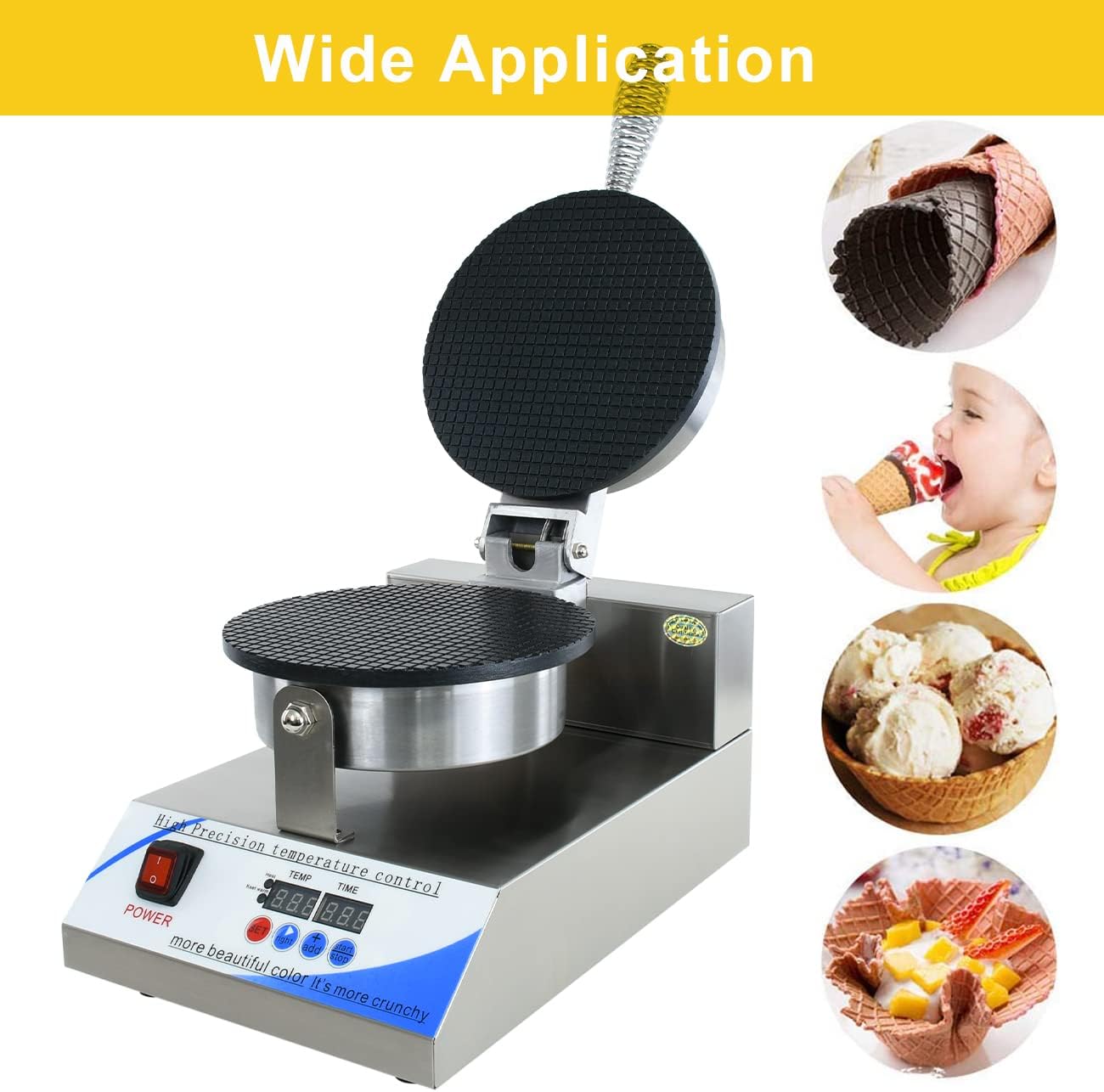 Electric Ice Cream Cone Maker, 110V Commercial Waffle Cone Maker for home, with LED Temperature&Time Control, 1300Watt 8.3" Nonstick Coating, Stainless Steel for Kitchen, Bakeries, Snack Bar