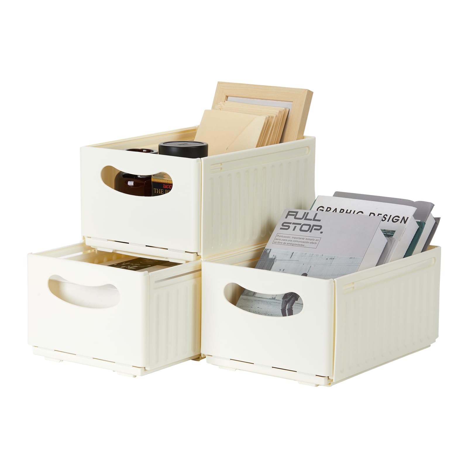 HNZIGE Drawer Organizers Plastic Baskets For Organizing - 3 Pack Largestackable Storage Bins With Handles,Retractable Plastic Dresser Drawer Organizer Bins For Clothes Kitchen, Fridge, Pantry, Cream