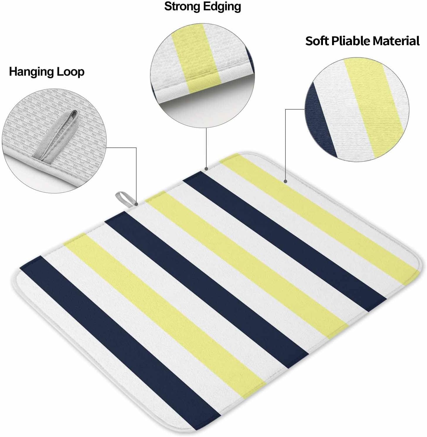 Dish Drying Mat Set of 2 Navy Blue Yellow Microfiber Absorbent Reusable Washable Dish Drying Rack Mat Contrast Stripes Coffee Mat for Coffee Maker Bar Kitchen Countertops 16x18inch