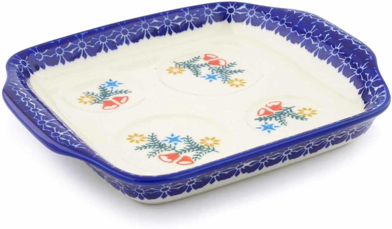 Polmedia Polish Pottery Tray with Handles - Wreath Of Bells Pattern Handmade in Boleslawiec Poland by Ceramika Bona + Certificate of Authenticity