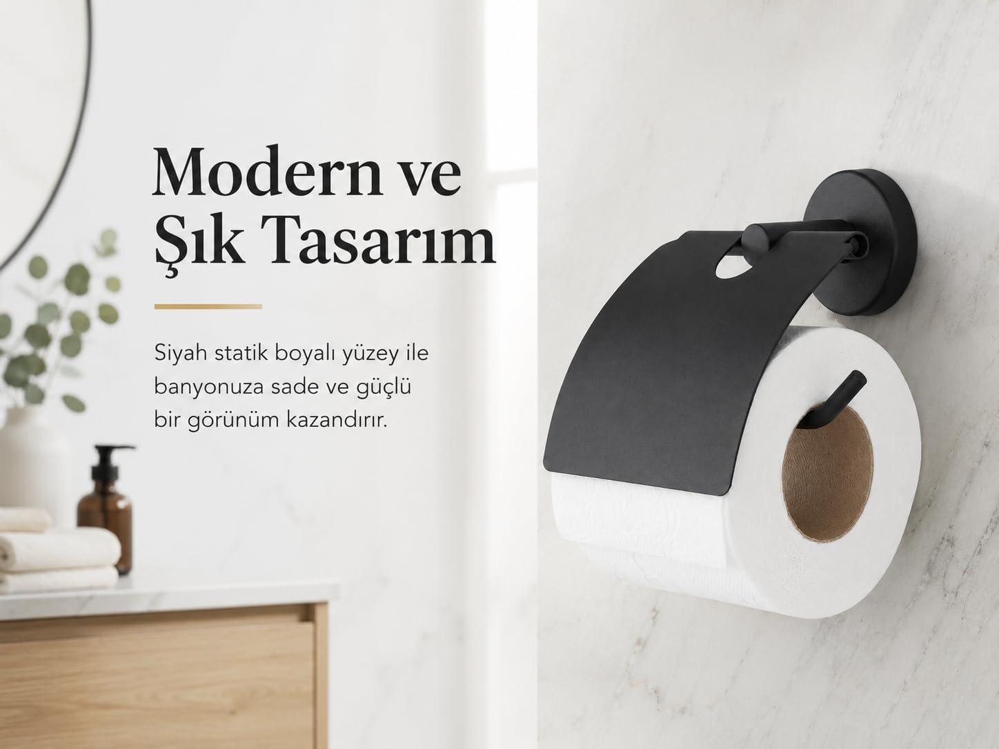 Lotus Siyah Kapaklı Tuvalet Kağıtlığı, Yapışkanlı ve Vidalı Montajlı Duvara Monte WC Kağıt Askısı, Mat Siyah Banyo Aksesuarı