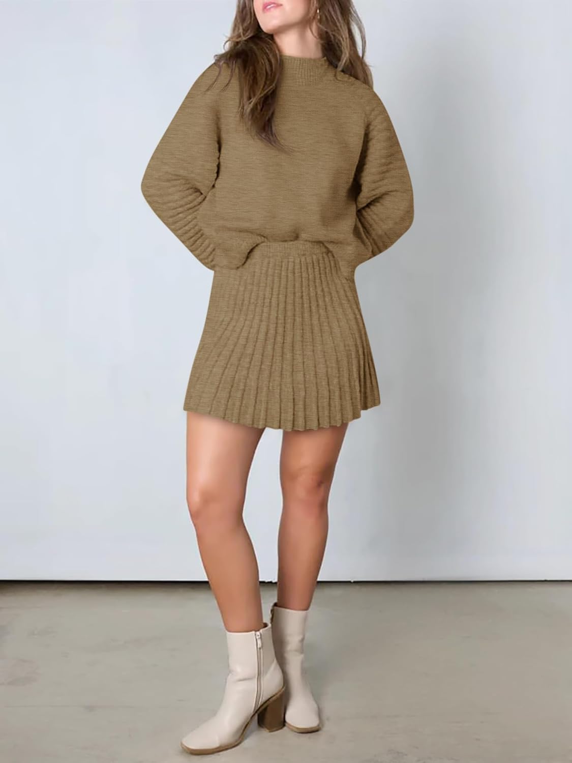 Womens 2 Piece Skirt Sets Fall Fashion 2025 Mock Neck Ribbed Knit Sweaters And Mini Skirt Two Piece Outfits - Image 5