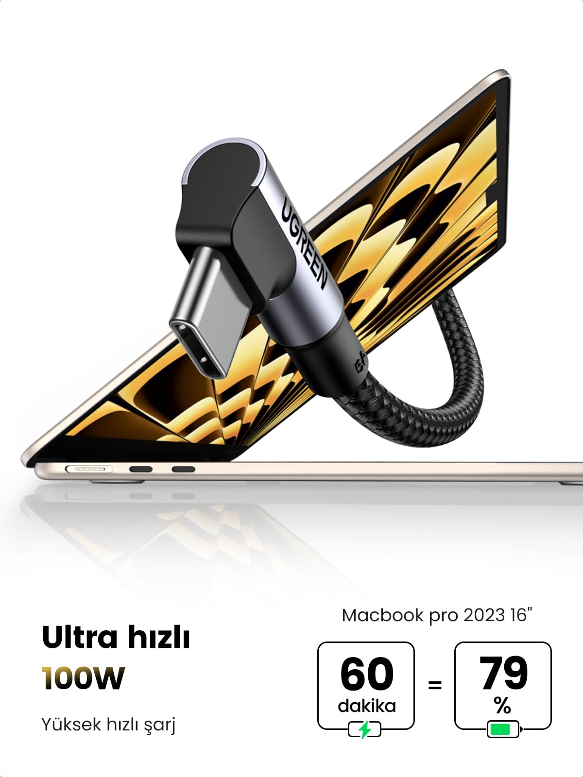 Ugreen Type-C to Type-C 100 W 5A Örgülü 90 Derece Şarj Kablosu 2 Metre