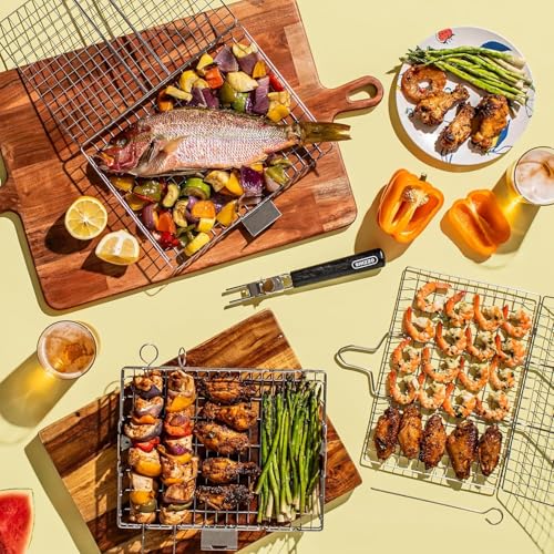 SHIZZO Grillkorb, Barbecue-Bbq-Grillkorb, Große Faltbare Grillkörbe Aus Edelstahl Mit Griff, Tragbarer Outdoor-Camping-Grillrost Für Fisch, Garnelen, Gemüse