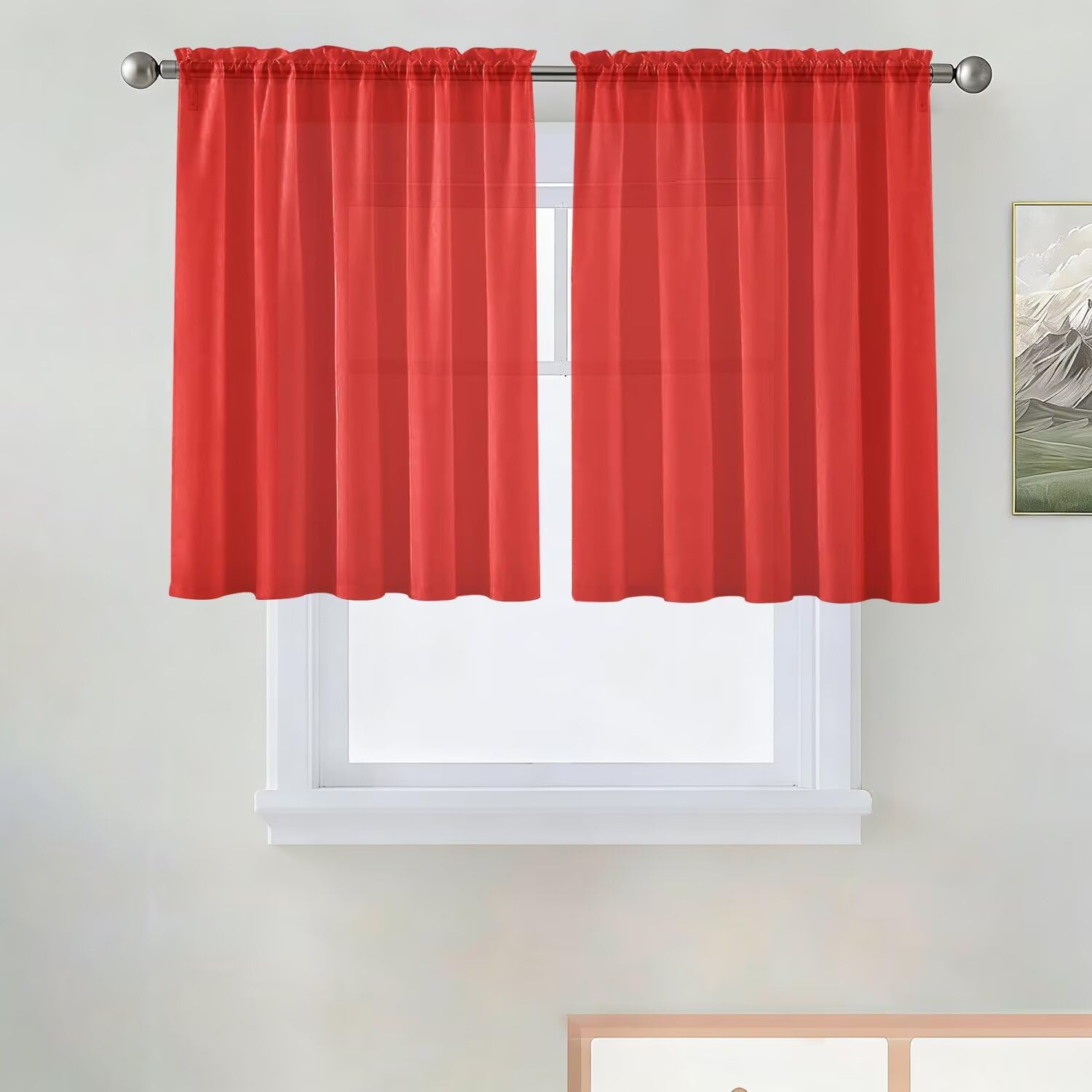 SpaceDresser Basic Rod Pocket Sheer Voile Window Curtain Panels Red 1 Pair 2 Panels 52 Width 36 Inch Long for Kitchen Bedroom Children Living Room Yard（Red, 52W x 36L）