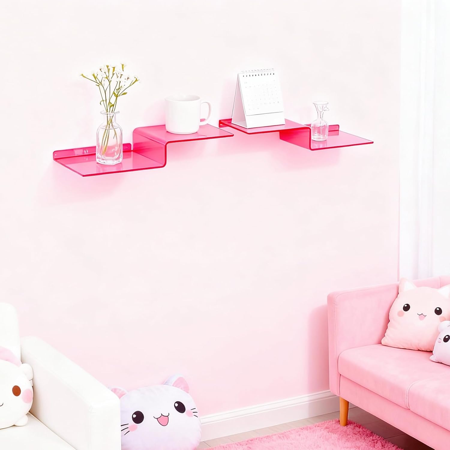 SetGame 2-Pack Acrylic Shelves Z-Shaped Display Stand Wall Mounted, 12 Inch Wall Storage Organizer for Toys, Books, Plants, Photos Album, Suit for Office, Living Room, Room Decor (Neon Pink)