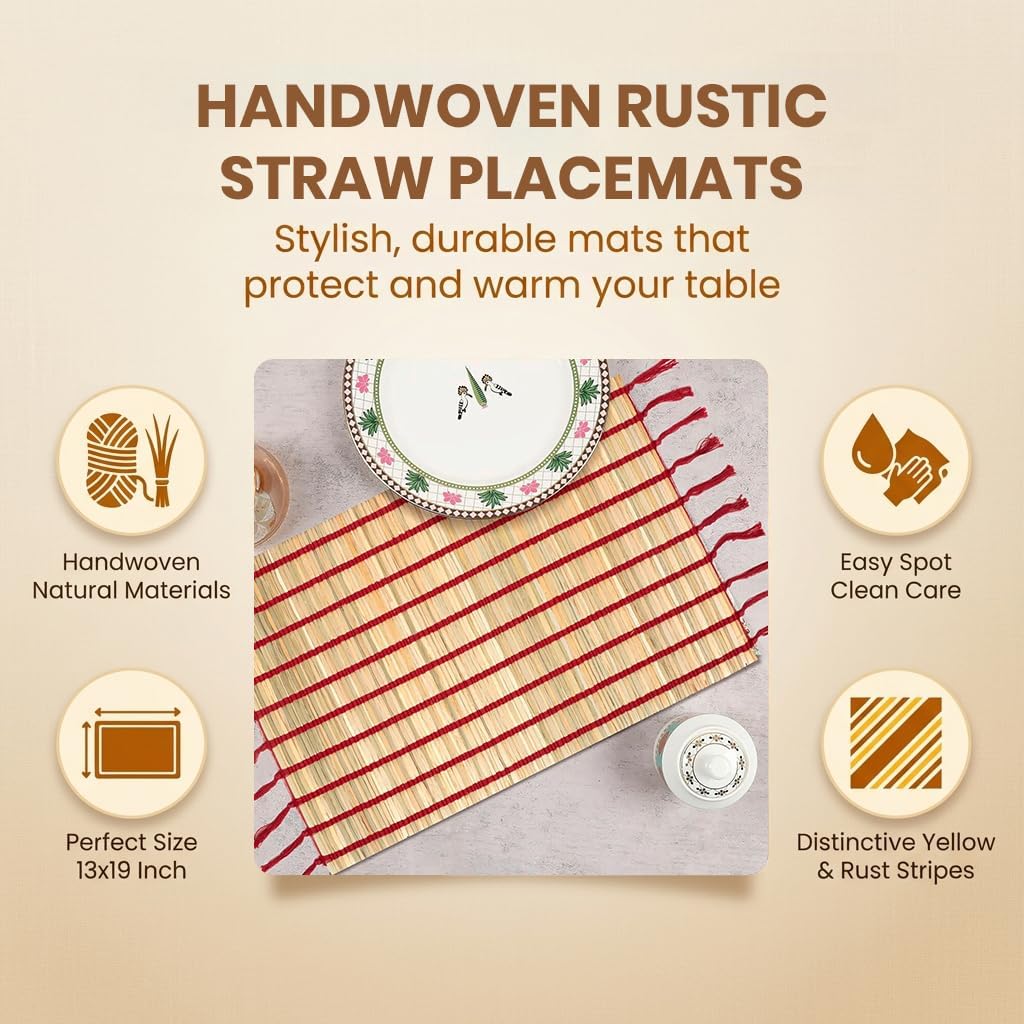 LFH Home Handmade Straw Decorative Samba Woven Placemat Pack of 6, Yellow Stripes Table Mat for Dinner Table Kitchen Family Chritsmas Party Décor - 13x19 Inch - Rust