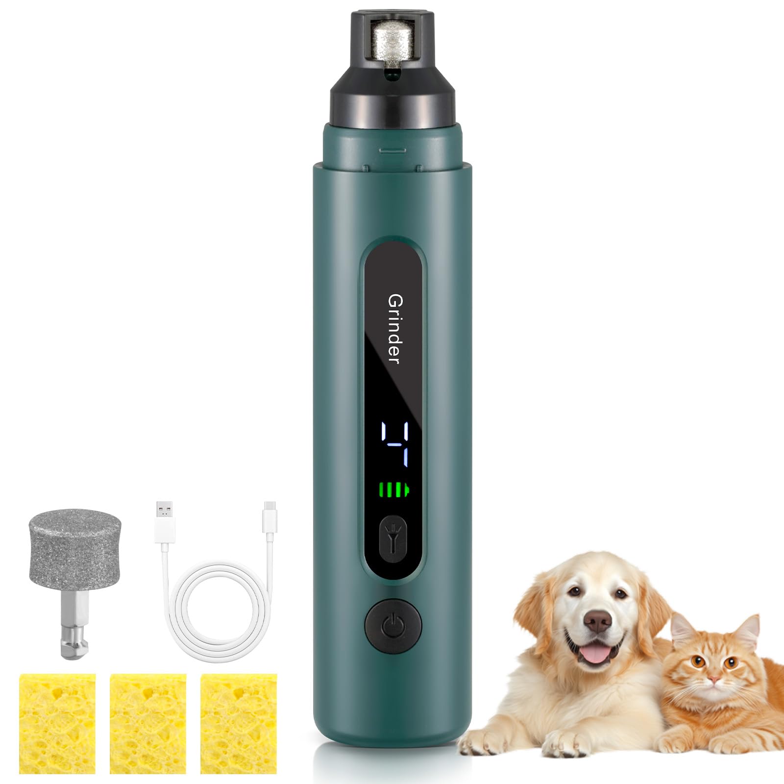 VINATO Cortaúñas Eléctrico para Perros y Gatos, Lima Úñas con Luz LED, 5 Velocidades, 3 Cabezales de Diamante y 3 Puertos, Recargable e Inalámbrico para Todas Las Razas