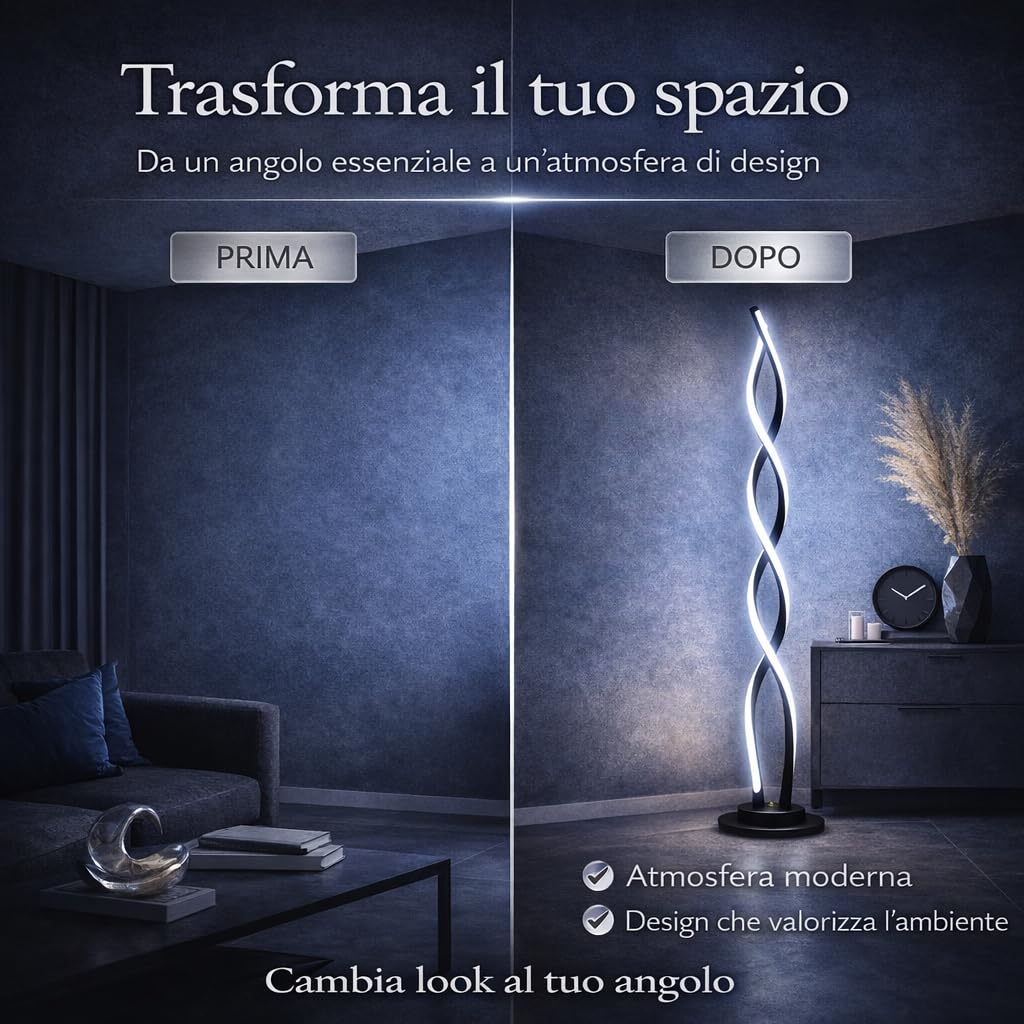 Arcadia Lampada da Terra LED Moderna Spirale | Piantana Design Contemporaneo | Luce Calda/Fredda | Lampada Salotto Camera da Letto Studio, Arredo Interni Elegante 120 cm (Nero)