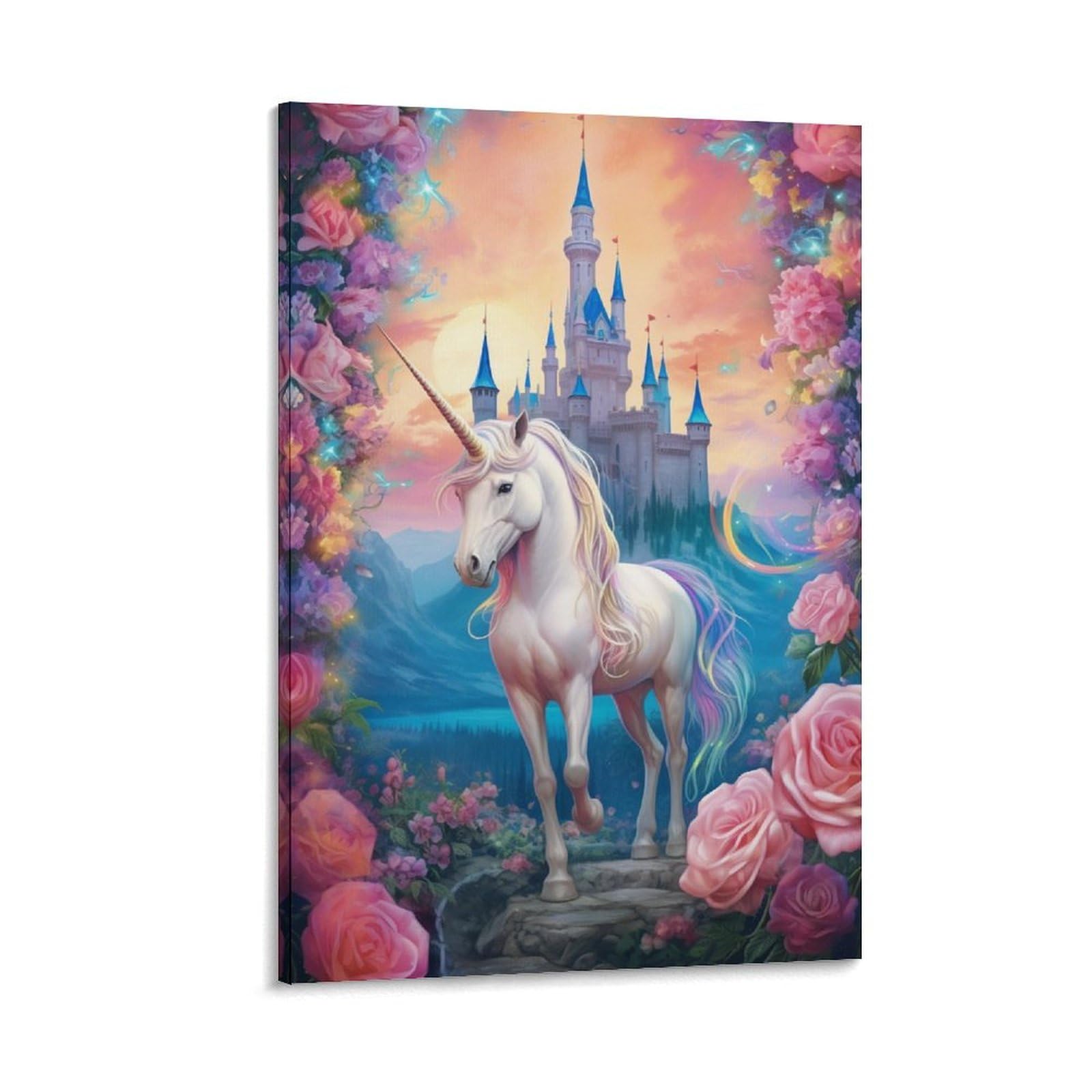Foccar Frame-Style-3 Gorgeous Unicorns Wall Art Prints Fairy Tale Castles Flowers Pictures On Canvas Poster Wall Decor For Bedroom Home Decorations