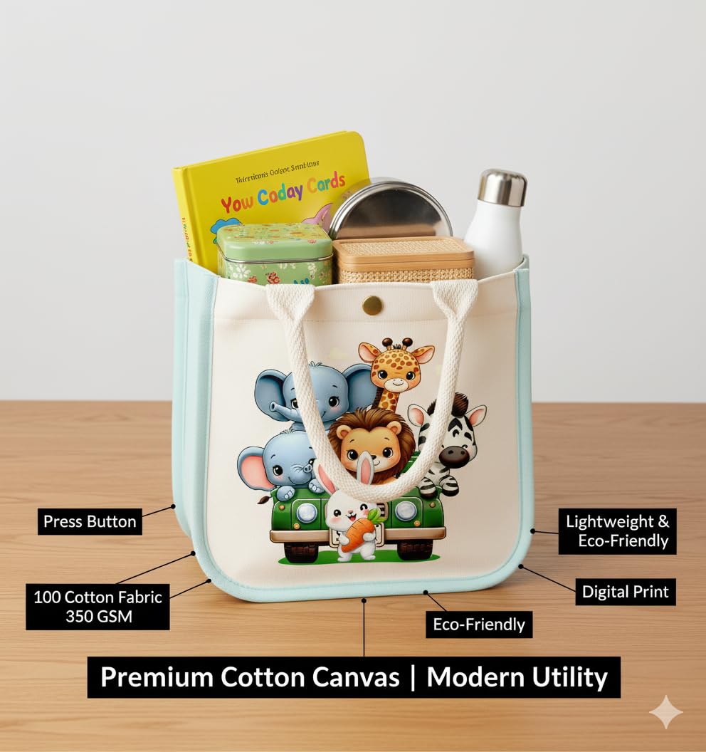 HOBBY INDIA Kids Lunch Bag | Cute & Stylish Mini Tiffin Bag for Boys & Girls | Cute Cotton Cartoon Design I Perfect For Picnic Tuition School, Preschool & Playschool (Jungle Safari) 2