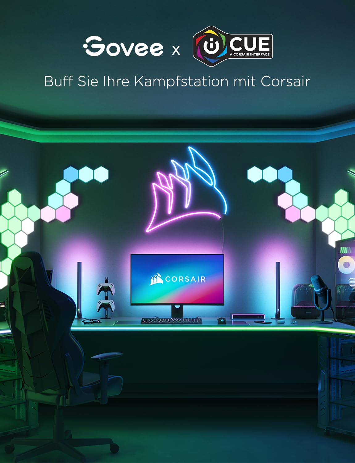 Govee Gaming Neon LED Strip 3M RGBIC Blendfreie Streifen für Gaming Tisch | 84 LED-Perlen/m, Zuschneidbar, App & Alexa Steuerung, 11 Musikmodi, über 64+ Szenenmodi für Spielzimmer und Tischplatte