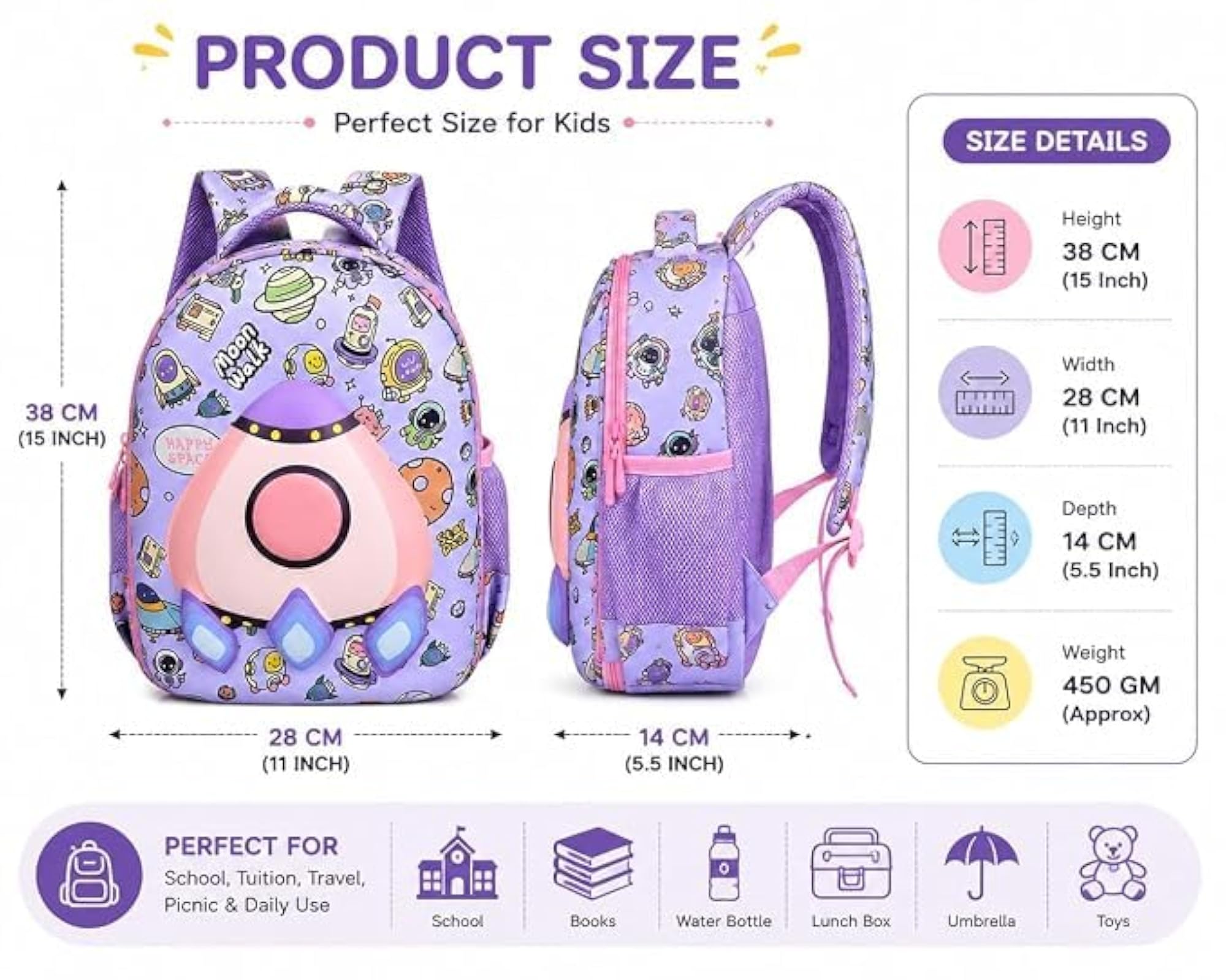 Cute Space Rocket Kids Backpack, Purple