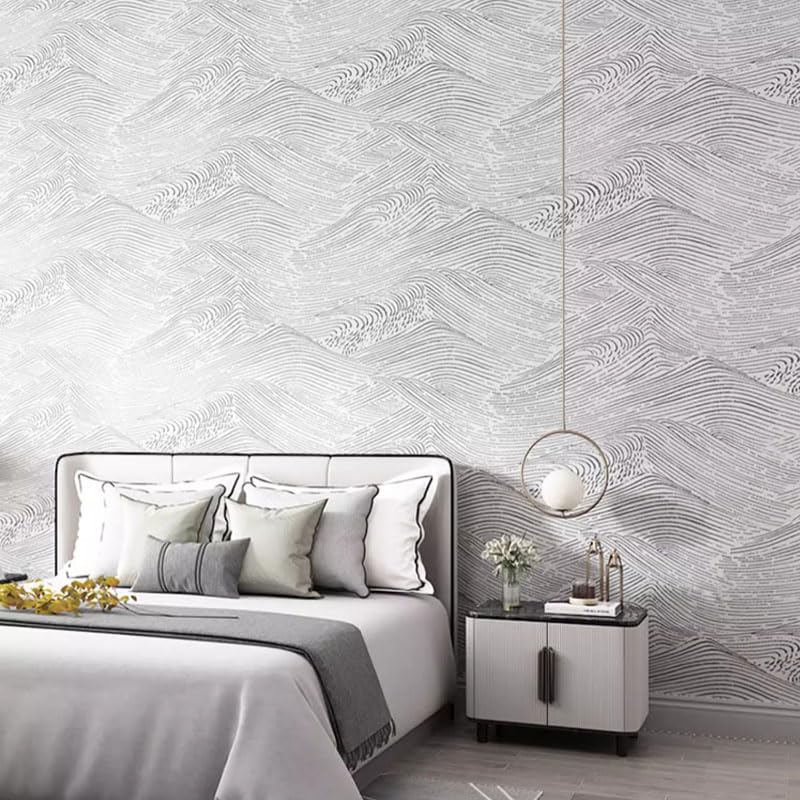 HANGJINLI Wallpaper Non-Woven white art wave Modern Geometric Patterned for Livingroom Bedroom Kitchen (21X374in)