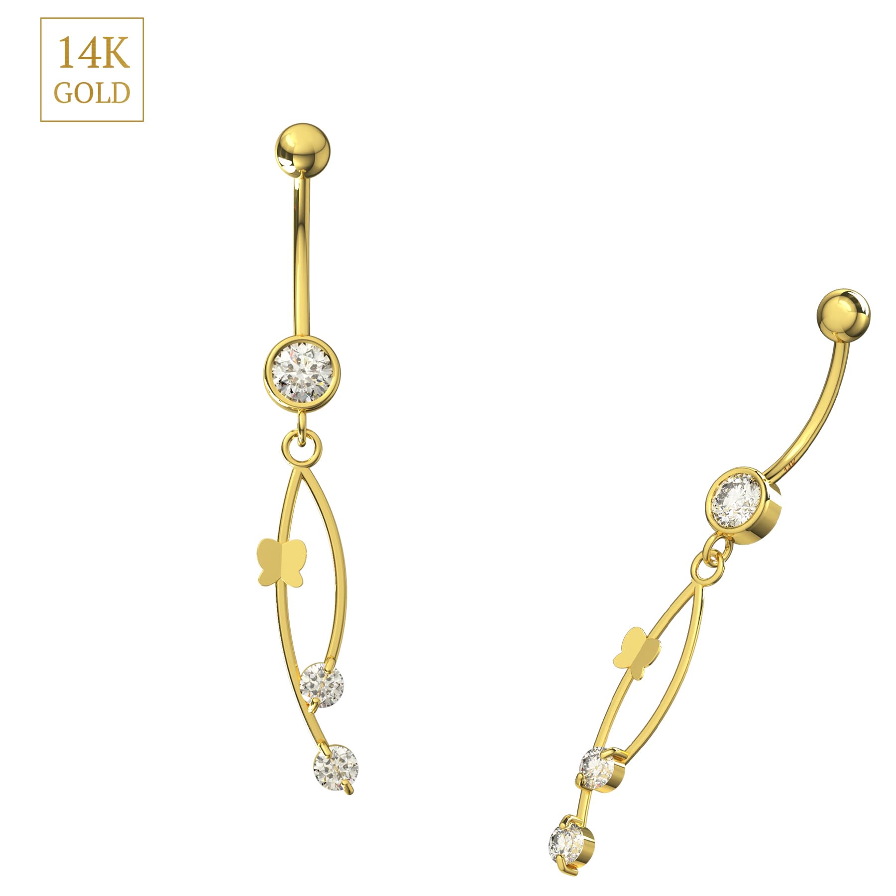Monster Piercing Piercing para Ombligo de Oro Amarillo Macizo de 14 Quilates con Piedra circonita cúbica Transparente en Rama, Calibre 14, joyería