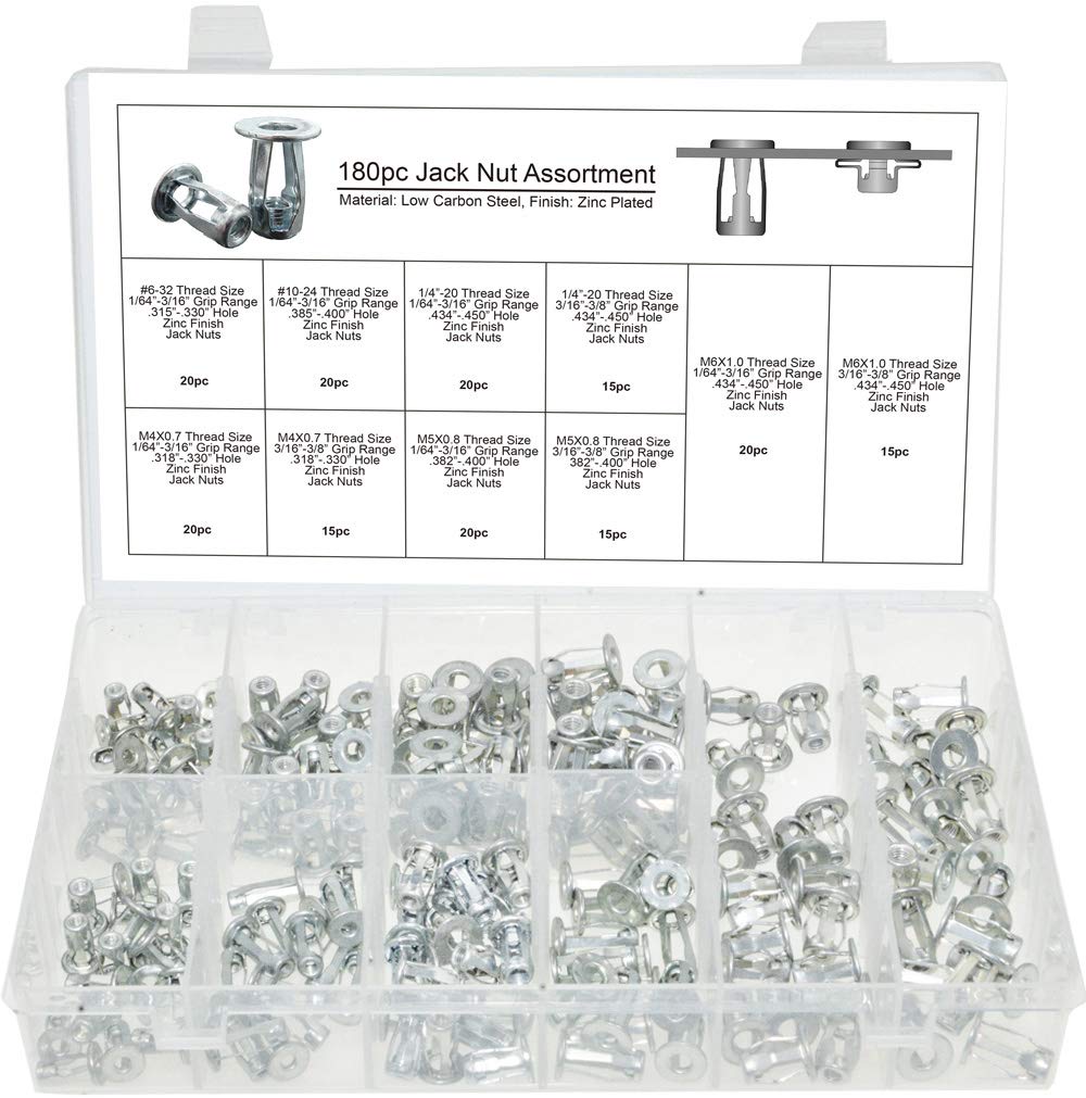 Swordfish 30550 - Metric and SAE Blind Jack Nut Rivet Nut Assortment Nut Insert Kit, Size from #6 to 1/4" and M4 to M6, Total 10 Sizes, Package of 180 Pieces