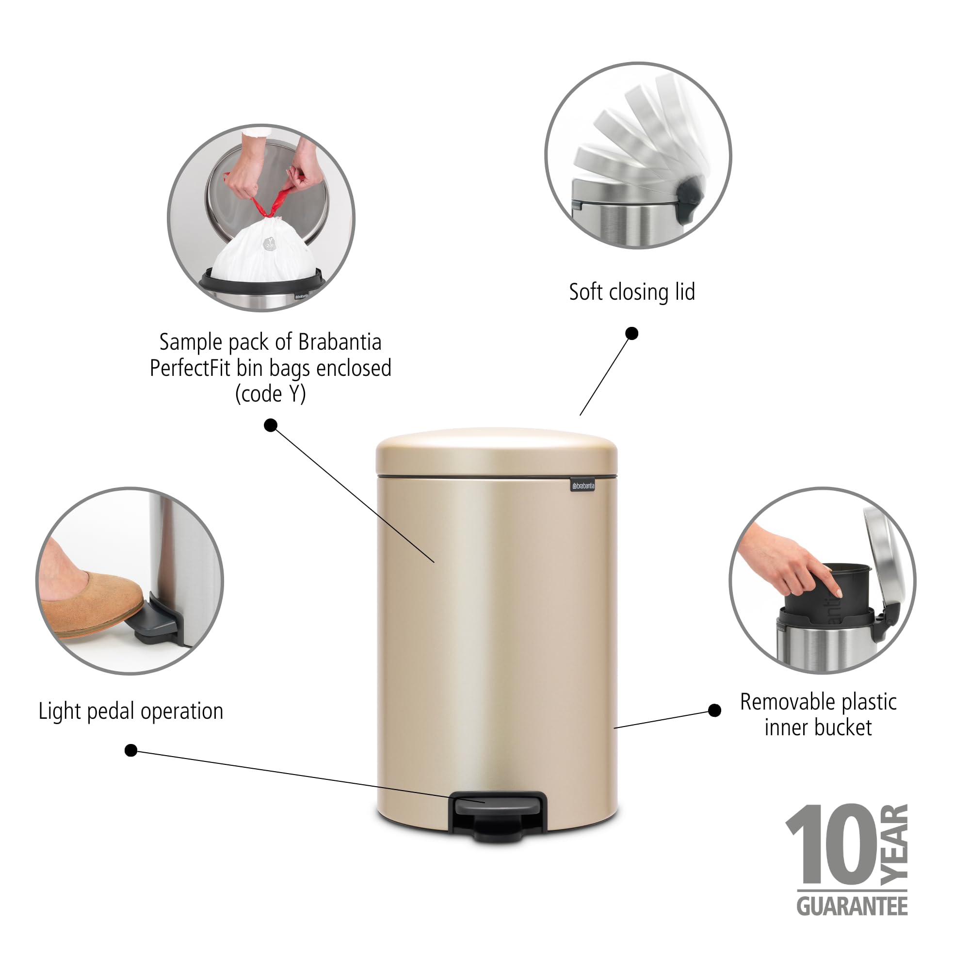 Brabantia NewIcon Pedal Bin 20L (Metallic Gold) Soft-Closure Rubbish Bin with Removable Inner Bucket + Free Bin Bags - Image 2
