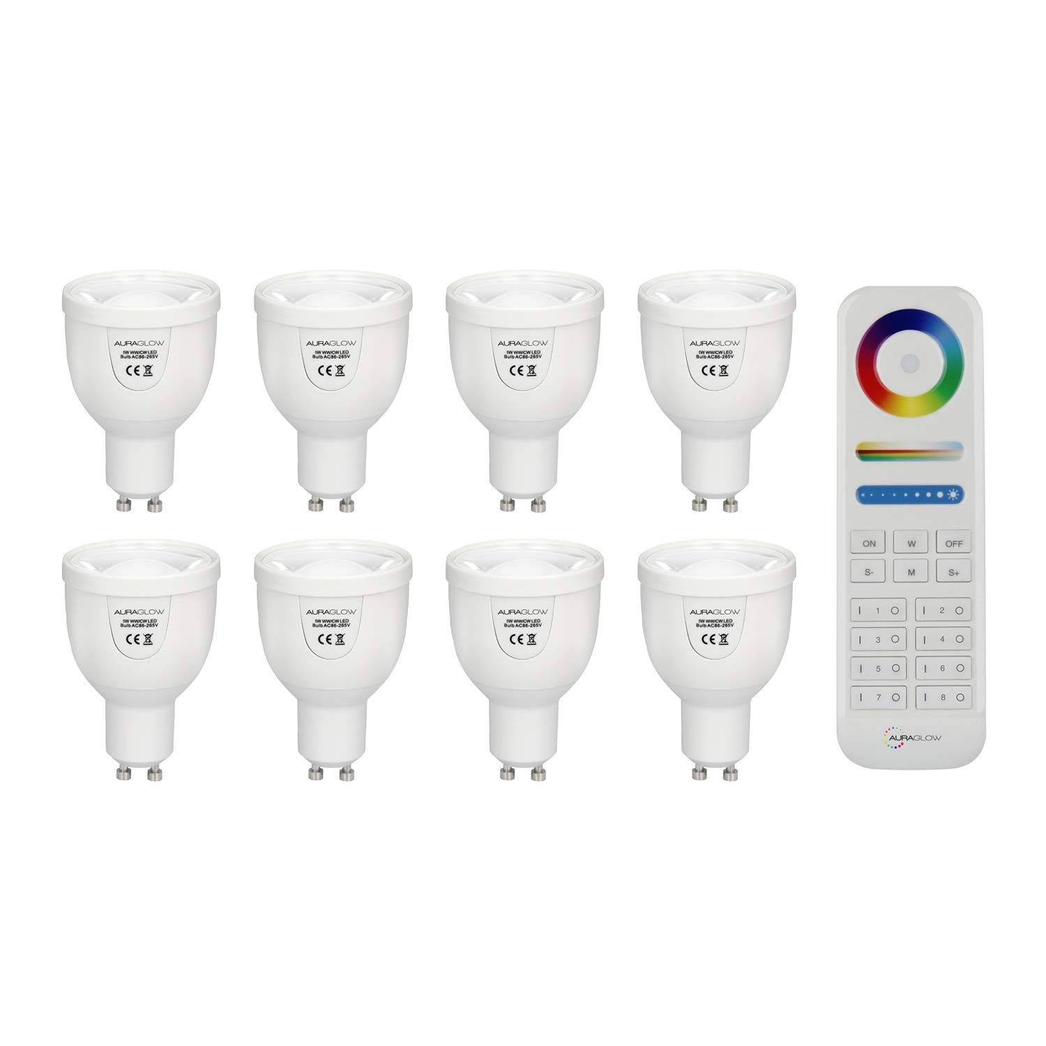 Auraglow Bombillas LED GU10 CCT Regulables con Mando, Pack de 8 | Focos 5W blanco dual, equivalen a 50W, tonos de 2700K a 6500K, multizona, sin hub, aptos para empotrables estándar