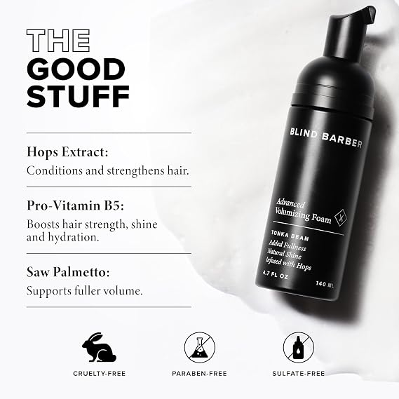 Blind Barber Advanced Volumizing Foam - Water-Based Volumizing Mousse for Fine Hair - Lightweight, Flexible Hold for Added Fullness - Daily Hair Styling Products for Men - Tonka Bean Scent (5 fl oz)