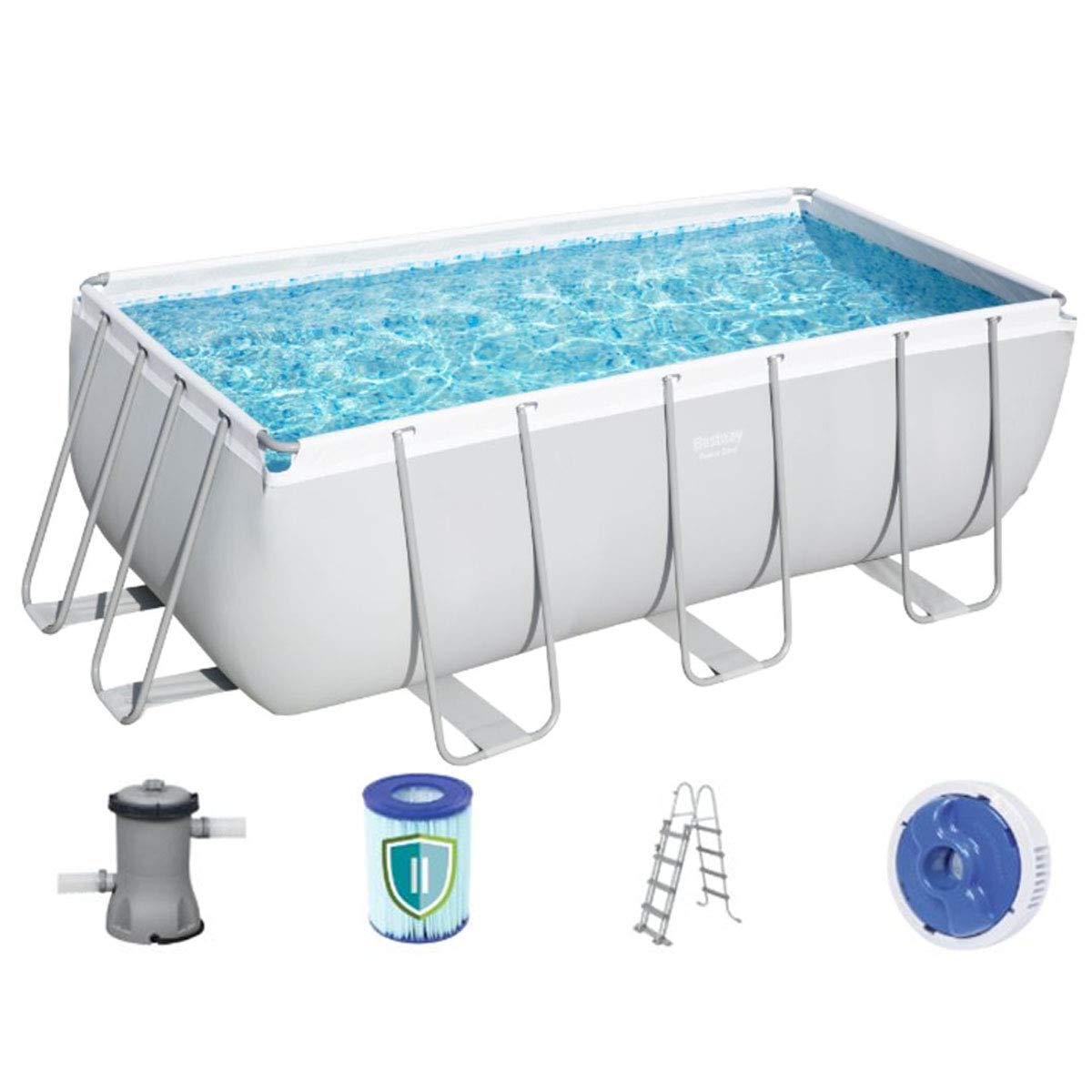 Bestway Power Steel Frame - Set per Piscina Quadrata, con Pompa Filtro a Cartuccia e Scala, 412 x 201 x 122 cm, Colore: Grigio