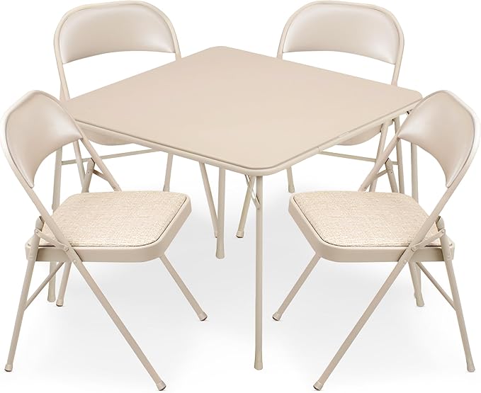 MECO Sudden Comfort 5 Piece 34 x 34 Inch Square Folding Dining Card Table with 4 Padded Folding Chairs Furniture Set for Gatherings and Games, Tan