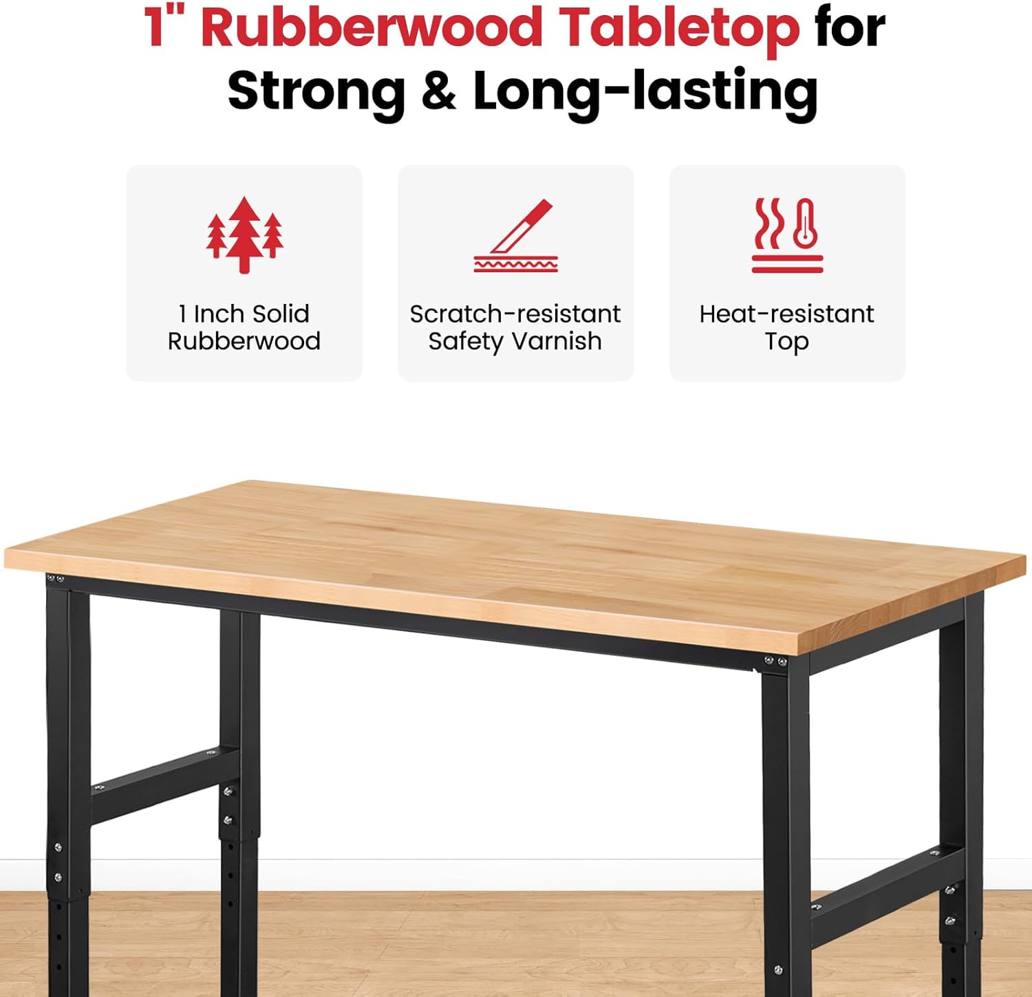 Close-up of the 1-inch thick rubberwood tabletop