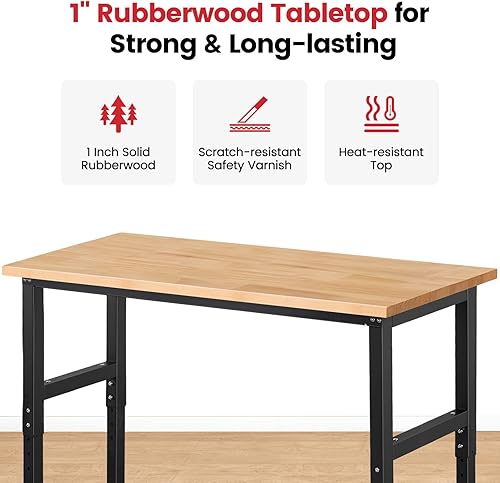 Miniatura 3 de Banco de trabajo para garaje, mesa de trabajo de altura ajustable para carpintería de tienda, 60 x 22 pulgadas, parte superior de madera de goma