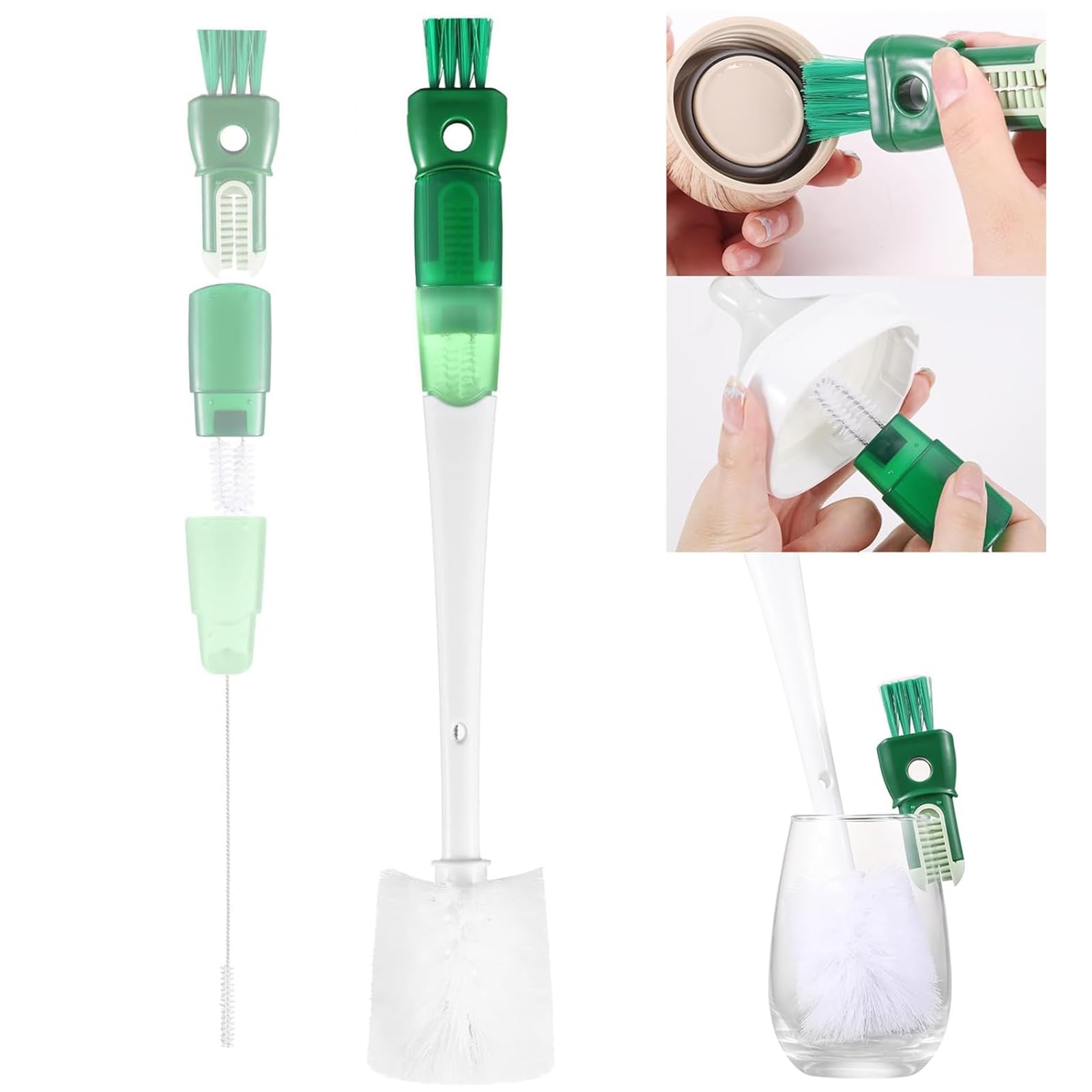 5 in1 Multifunctional Water Bottle Cleaning Brush Flaschenbürste Lang Baby Bürste mit 5 Bürstenköpfen Straw Cleaner Brush Set Geeignet für Babyflaschen,Thermosflaschen,Strohhalme(Grün)