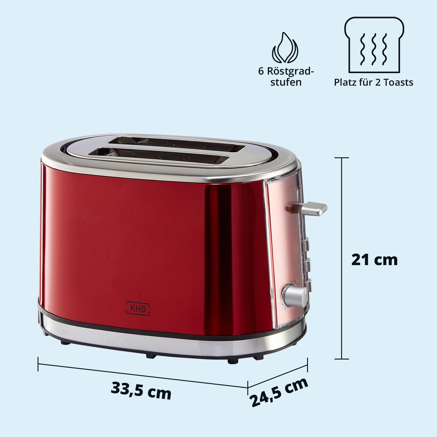 KHG Frühstücksset Wasserkocher Toaster Rot Edelstahl Metallic Chrom 1,7l 2 Toastscheiben