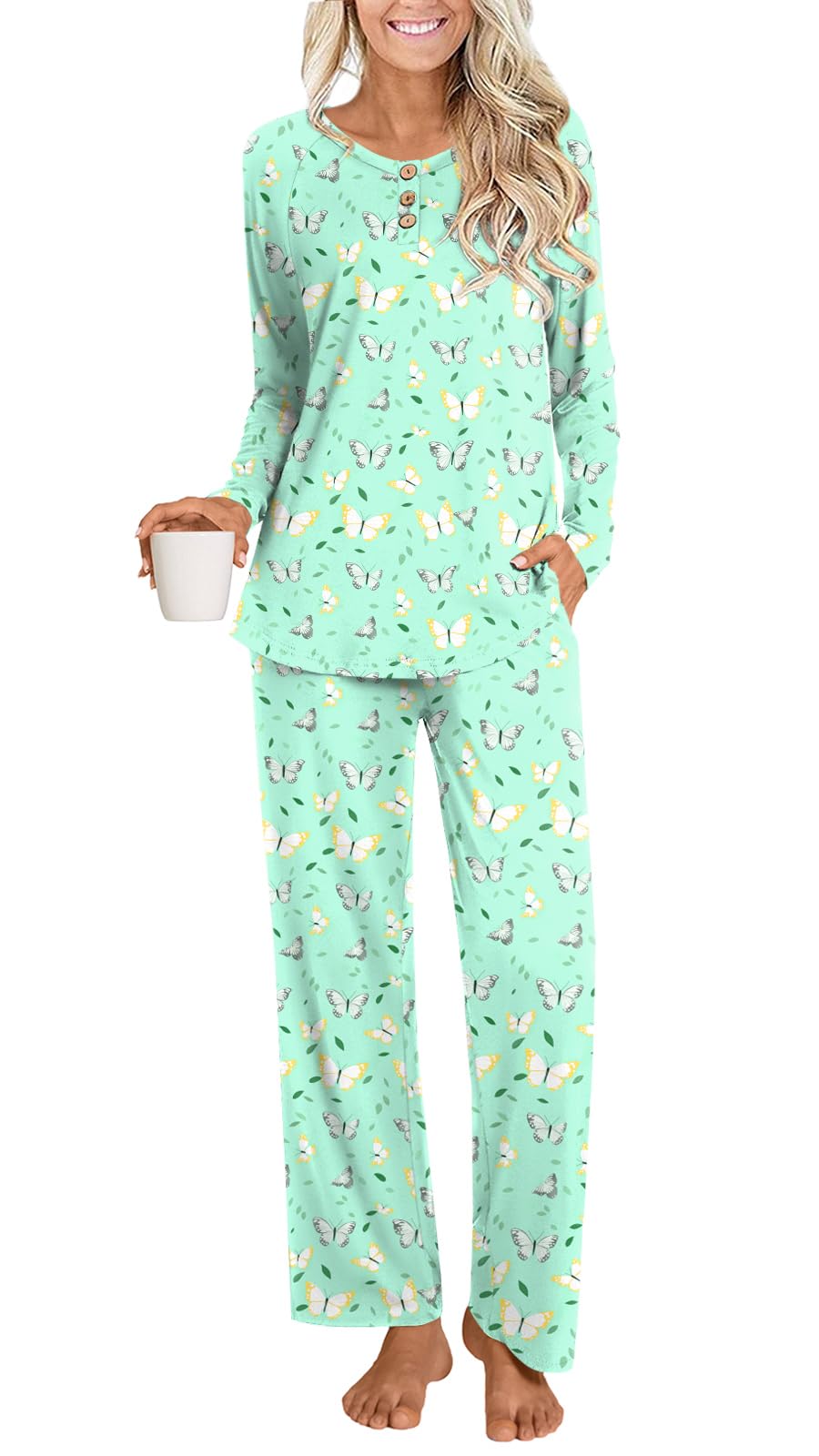 Anydoll Womens Pajamas Set 2 Piece Lounge Outfits Fall Long Sleeve Button Up Sleepwear with Pockets Ladies Pjs