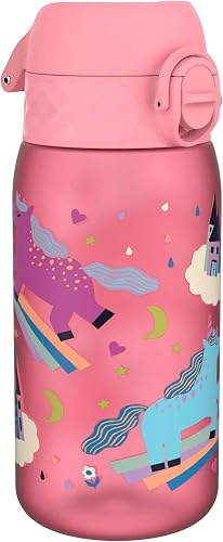 ion8 Botella de Agua para Niños, 350ml, a Prueba de Fugas, Fácil de Abrir, Cerradura Segura, Apta para Lavavajillas, Sin BPA, Asa de Transporte, Fácil de Limpiar, Neutro en Carbono, Unicornios