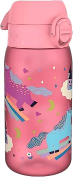 Ion8 Kids Water Bottle, 350 ml/12 oz, Leak Proof, Easy to Open, Secure Lock, Dishwasher Safe, BPA Free, Carry Handle, Hygienic Flip Cover, Easy Clean, Odour Free, Carbon Neutral, Pink, Unicorns