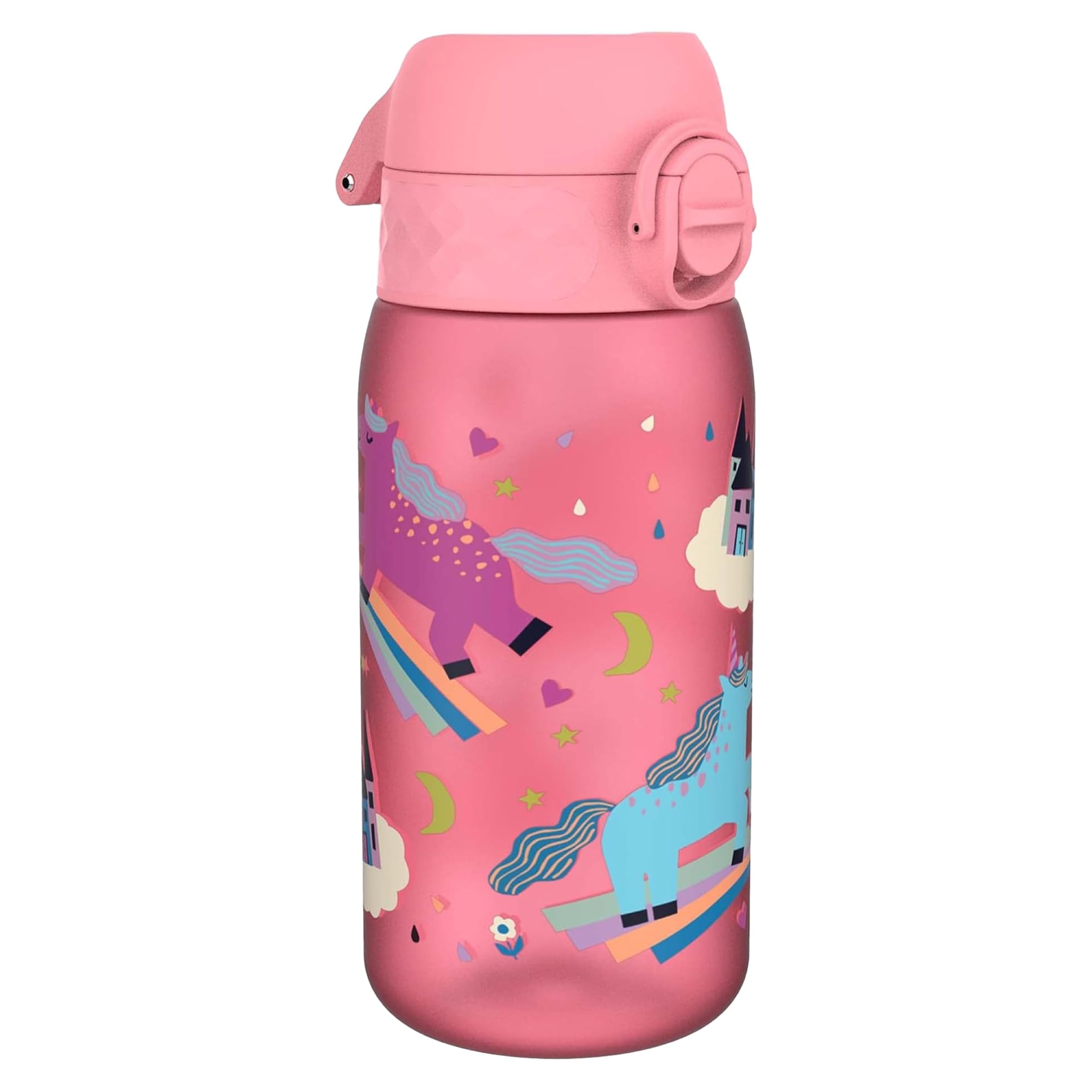Kids Water Bottle, 350 ml/12 oz, Leak Proof, Easy to Open, Secure Lock, Dishwasher Safe, BPA Free, Carry Handle, Hygienic Flip Cover, Easy Clean, Odour Free, Carbon Neutral, Pink, Unicorns