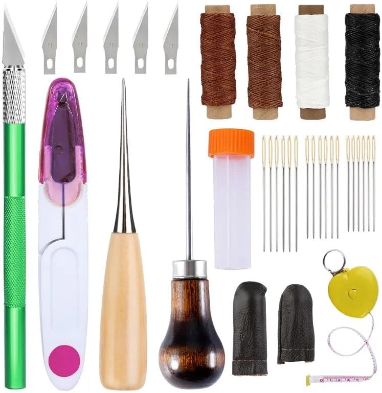 KAOBUY Leather Sewing Tool With Craving Knife Awl Waxed Thread Hand Sewing Stitching Supplies Measuring Ruler For Leather Sewing