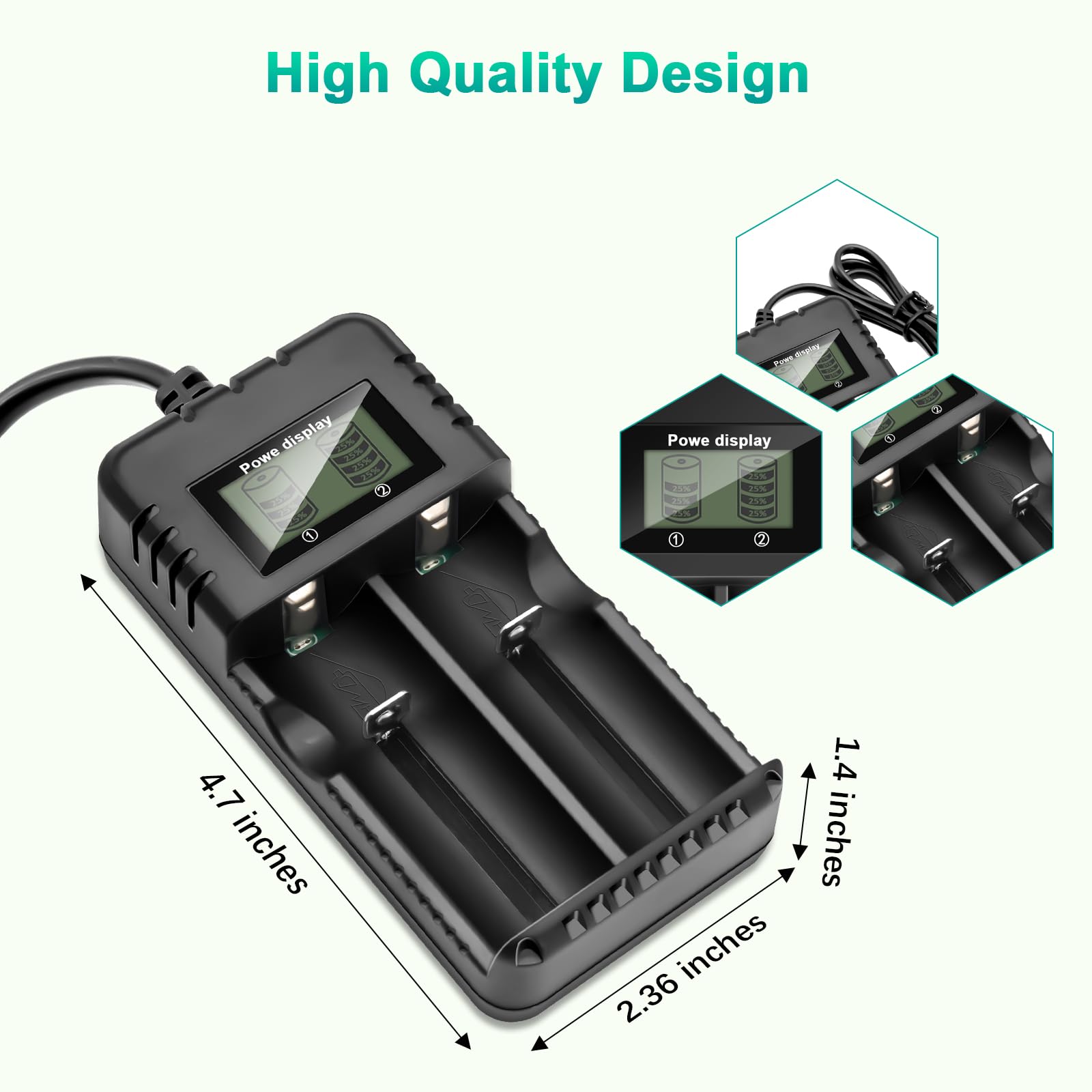 Caricabatterie agli Ioni di Litio a 2 Slot, LCD Caricabatterie Ricarica Rapida Intelligente per una Varietà di Batterie agli Ioni di Litio da 3,7 V, 26650/18650/14500/16340 (Small)