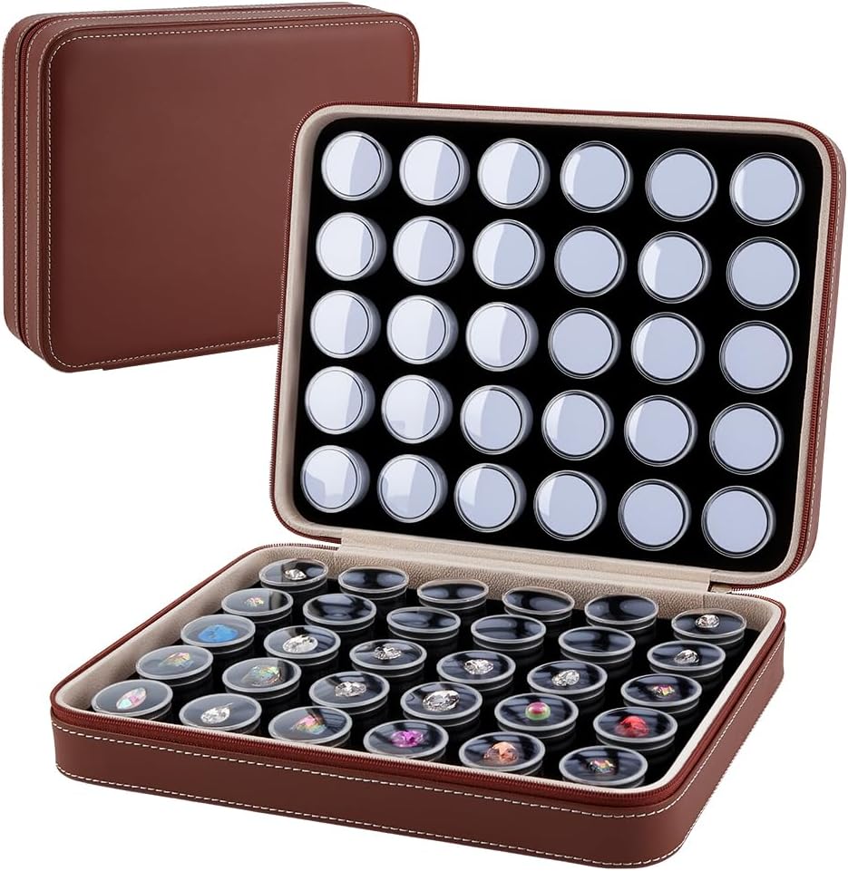 BENECREAT 10x8x2.7inch Leather Jewelry Storage Box Set, 60Pcs Plastic Round Boxes with White Foam Padding Multi-Compartment Organizer for Loose Diamonds, Necklace Clasps & Nail Art Decor