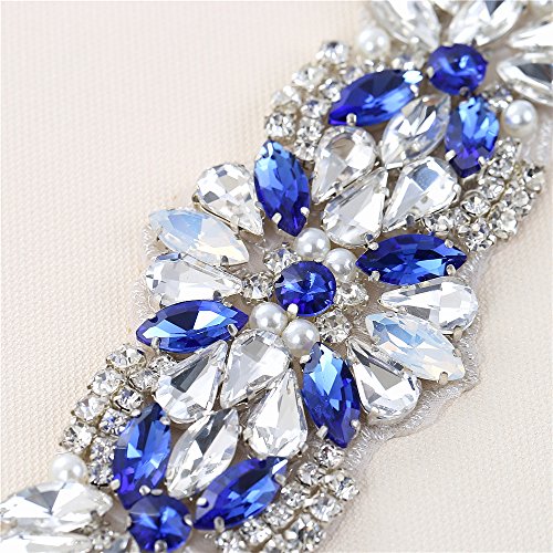 Crystal Rhinestone Applique Belt Bridal Wedding Dress Applique Blue 8.7x1.9 inches2