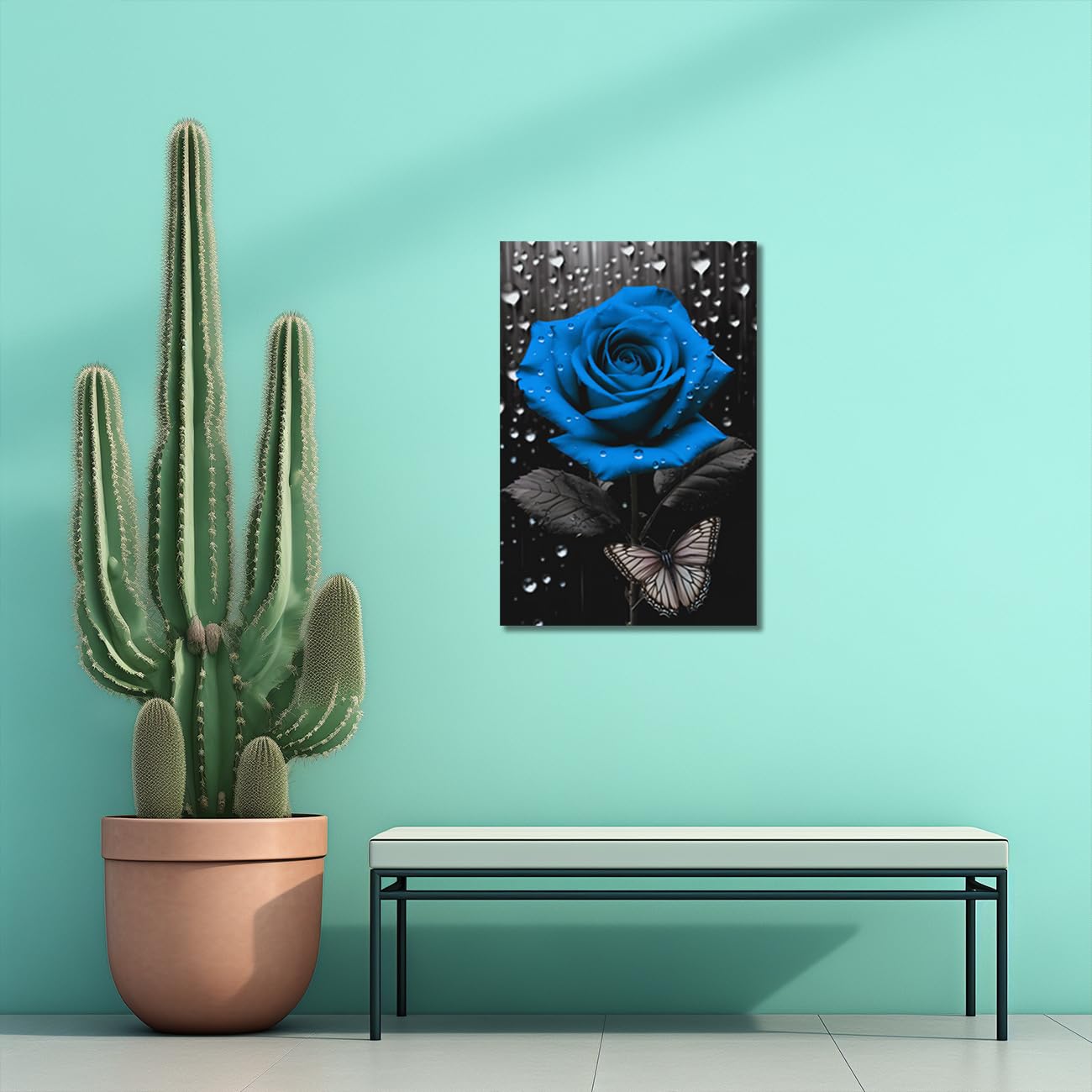 LZIMU Rose Wall Art Bathroom Decor Black And White Blue Floral with Butterfly Painting Prints Abstract Rose Flowers Picture for Farmhouse Decor Framed (Floral-5 - Image 3