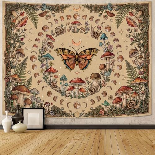 Gruaoihy Boho Vintage Moon Phase Tapestry Botanical Aesthetic Butterfly Plant Mushroom Wall Hanging for Bedroom Dorm Decor Beige 36x48 inches