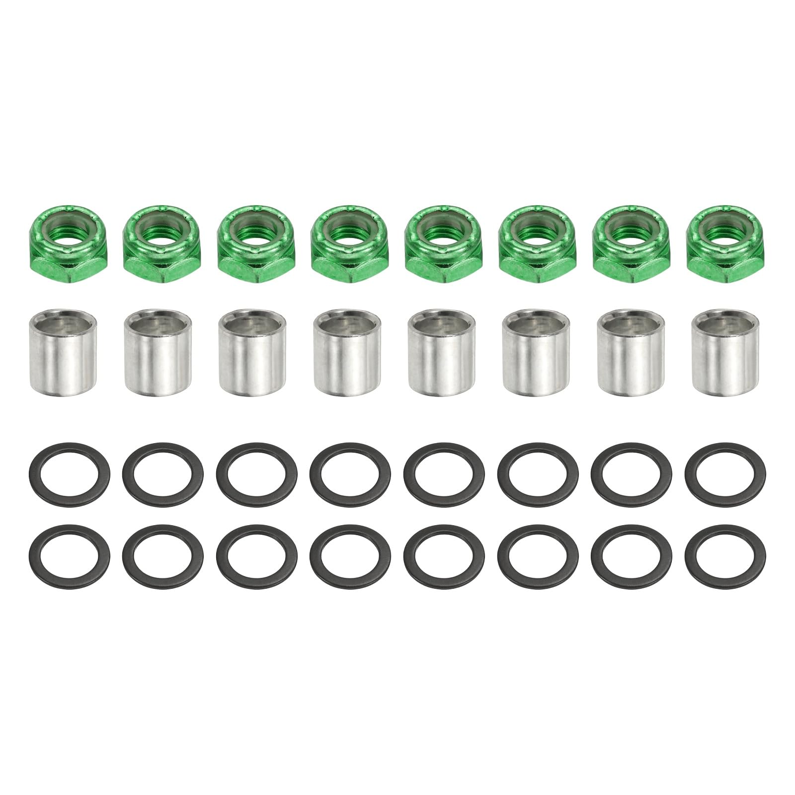 YELARXI Skateboard Truck Hardware Kit, Including 8 Pcs Skateboard Truck Nuts, 8 Spacers and 16 Pcs Axle Washers Green-Fitting For(Most Scooters/LongBoards/Hardware Kit)
