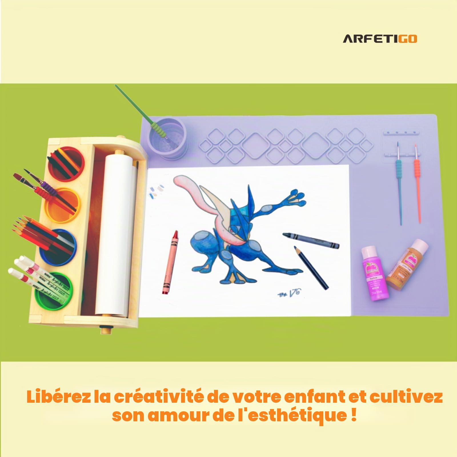 Chevalet d'art pour Enfants,Rouleau de Papier pour Enfants Pinceau de Peinture pour Enfants, Table d'art pour Enfants Rouleau de Papier pour Enfants Set Premium (Violet)