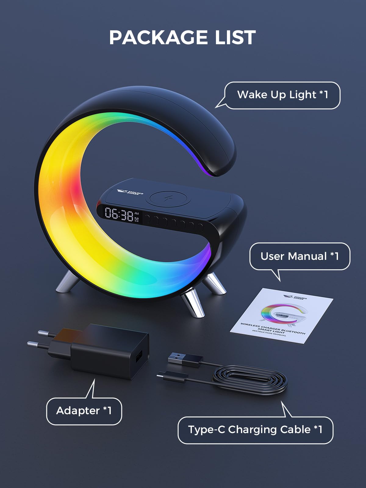Smiling Shark Lichtwecker, Intelligente Wecker Licht Atmosphärenlicht mit Kabelloses Ladegerät Bluetooth Lautsprecher Dimmbar Naturgeräuschen App Steuerung Sonnenaufgang Licht Wecker für Wohnzimmer