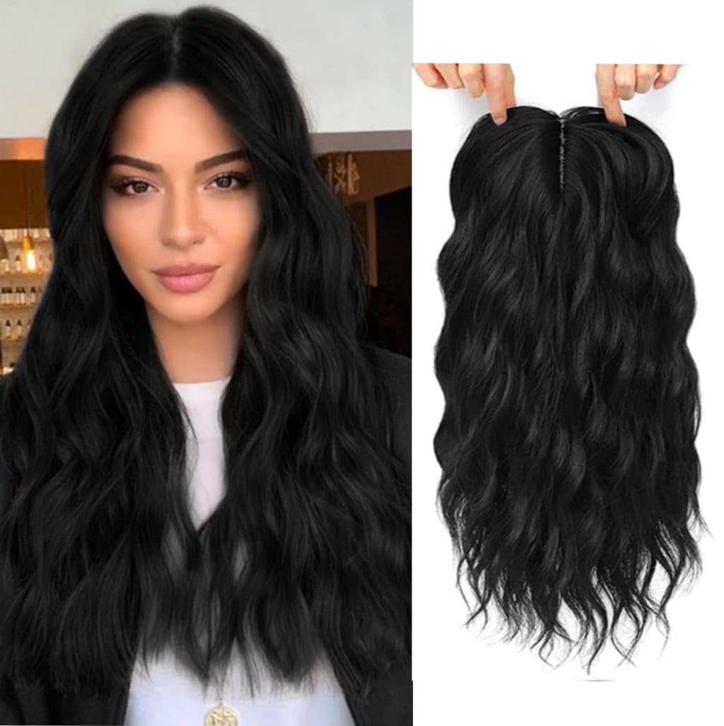 HAIR WALA™ 100% Kanekalon Hair Light Weight Wavy Curly Middle Part Hair Topper, 4" x 4" Silk Base, 4 Clip in Wavy Curly Style for Thinning Hair,18 Inches Long (Black)