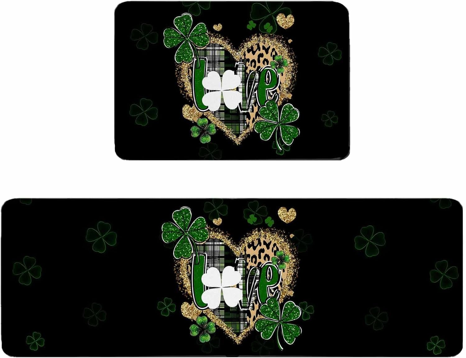 St. Patrick's Day Kitchen Rugs and Mats Set of 2, Non-Slip Kitchen Sink Mat, Green Shamrock Leaf Gold Leopard Love Black Washable Doormat Bathroom Rugs Runner for Bedroom 19.7"x31.5"+19.7"x63"