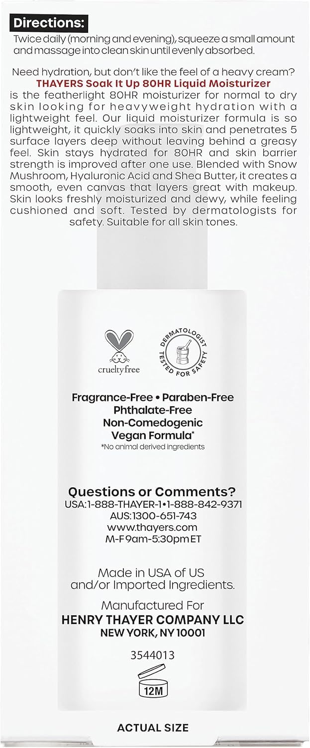 THAYERS Soak It Up 80HR Liquid Moisturizer, Face Moisturizer with Hyaluronic Acid and Snow Mushroom, Dermatologist Tested Skin Care for Normal to Dry Skin, 2.5 Oz